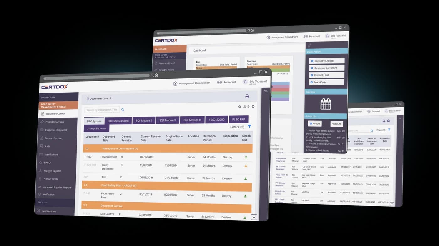 Certdox document control, dashboard, and approved supplier program screens